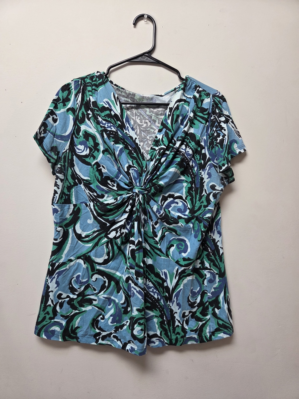 a.n.a Twist-Front Short Sleeve Top in Blue & Green Swirl